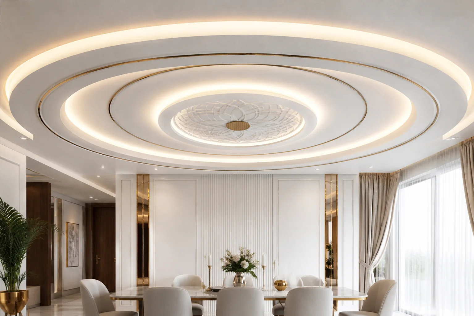 Sculptural oval tiered false ceiling for luxury dining spaces with integrated ambient halo lighting and crystal pendant drop