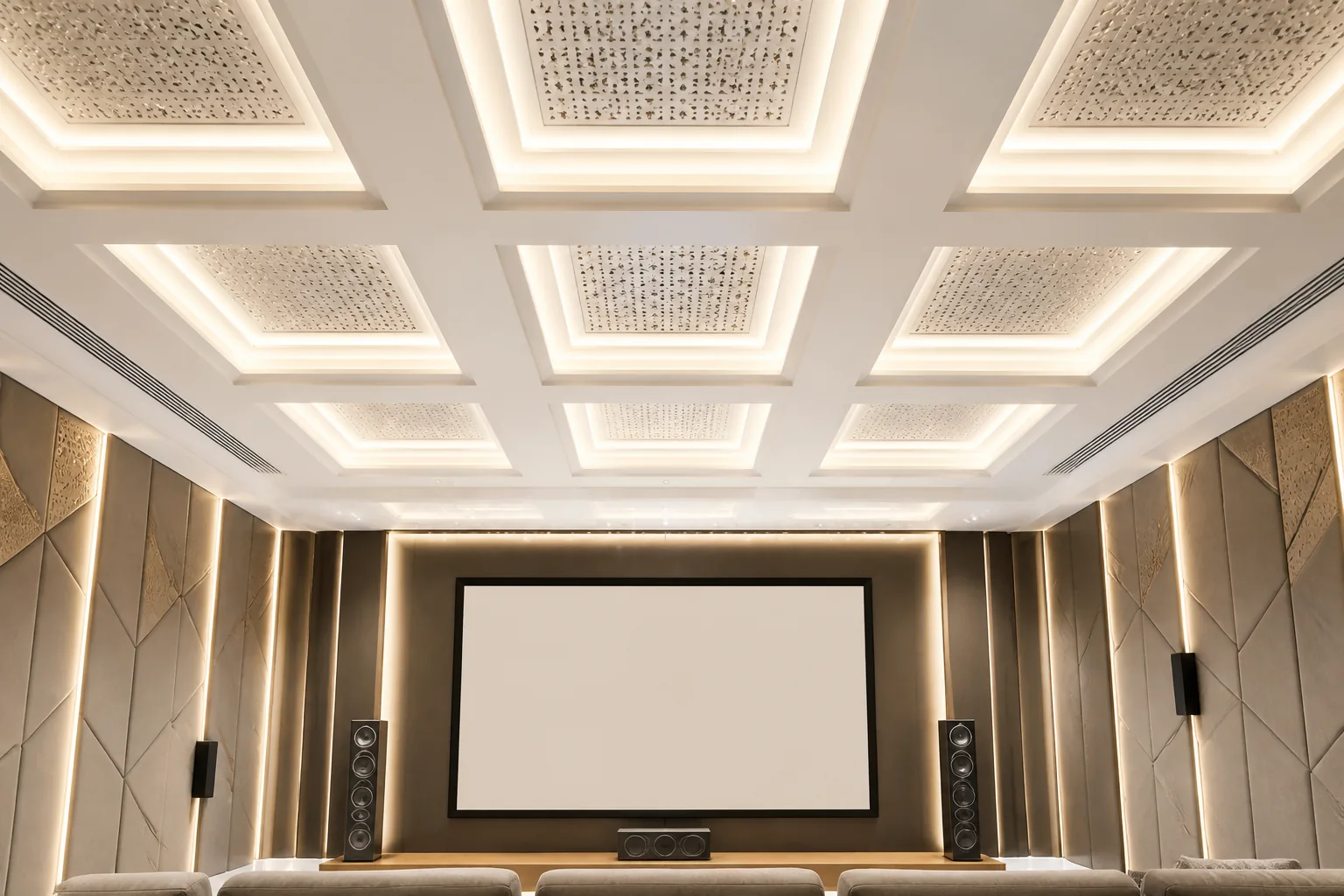 Bespoke home theater acoustic ceiling with starlight fiber optics, deep coffer detailing, and perimeter dimmable LED tracks