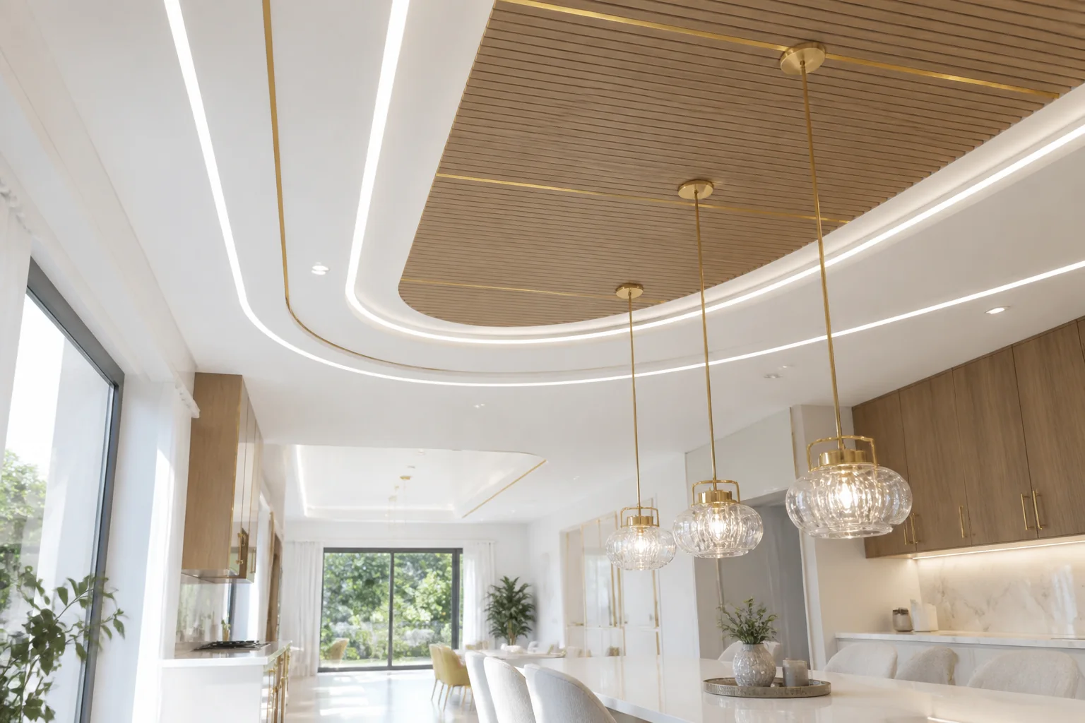 Integrated open-plan kitchen and dining false ceiling with directional spotlights and continuous magnetic track channels