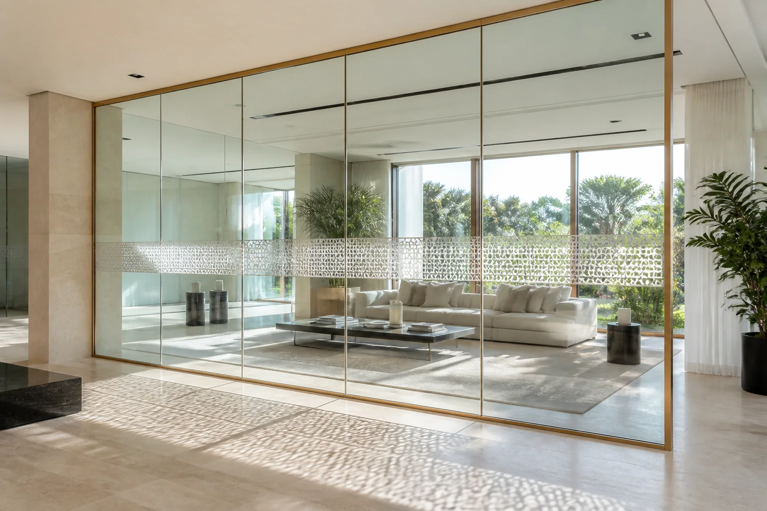 Slimline brass and black metal framed fluted glass partition wall dividing entrance foyer and luxury living space