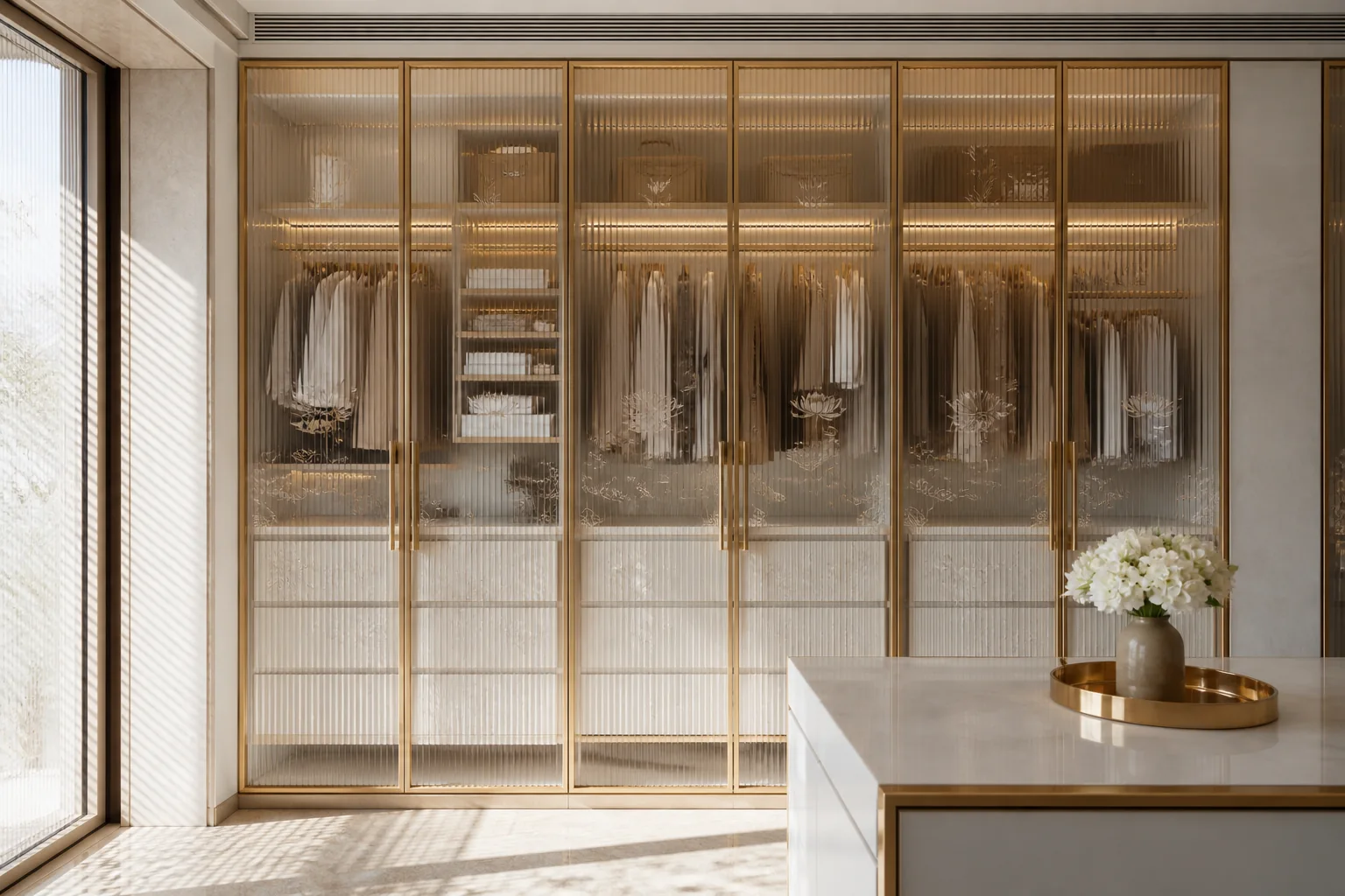 Walk-in wardrobe with floor-to-ceiling tinted fluted glass doors, integrated vertical LED illumination, and black bronze frames