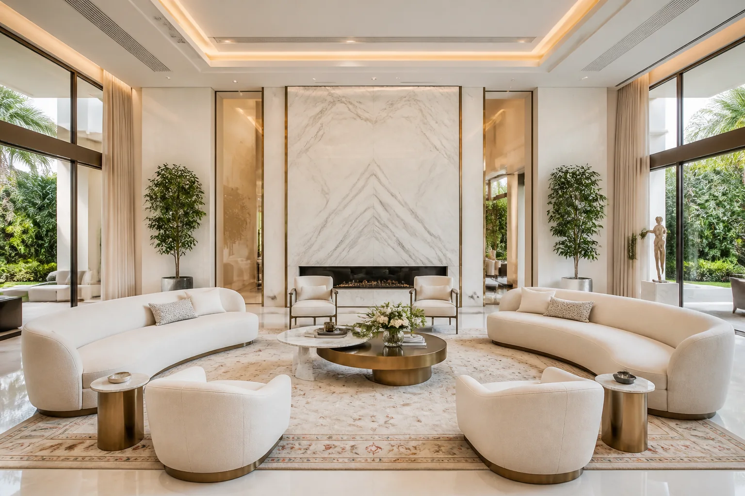 Grand luxury living room featuring bookmatched marble accent wall, bespoke low-profile sofa, fluted wood detailing, and architectural chandelier