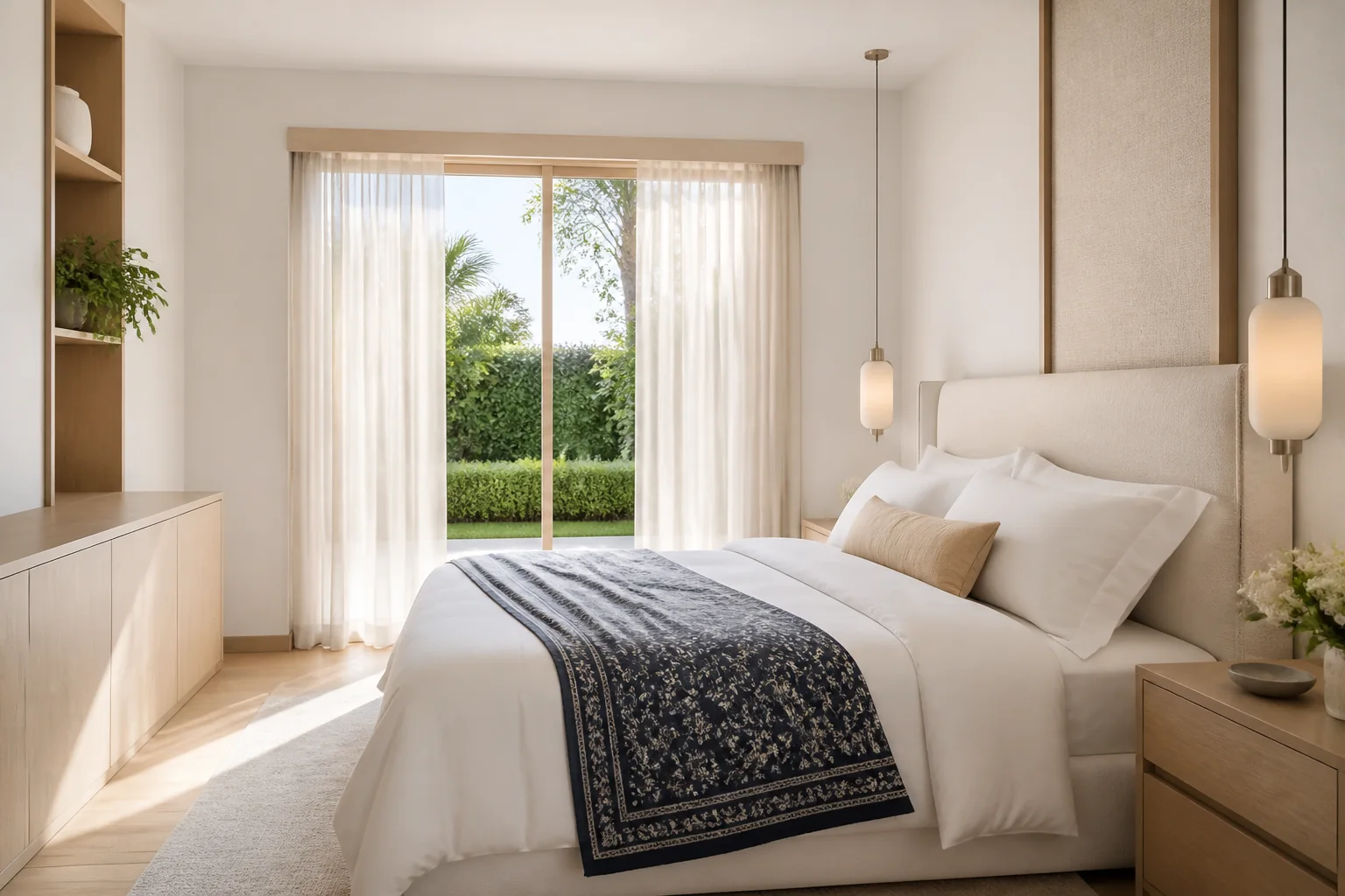 Refined guest bedroom suite featuring warm wood slatted headboard wall, minimal floating nightstands, and soft indirect cove lighting