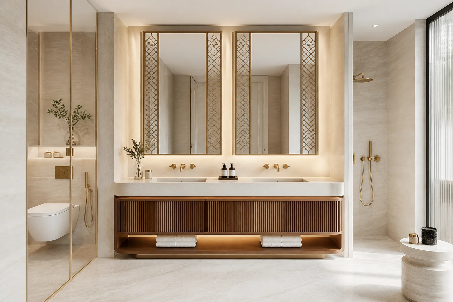 Floating double vanity with integrated quartz basin, fluted walnut drawers, and backlit arch vanity mirrors