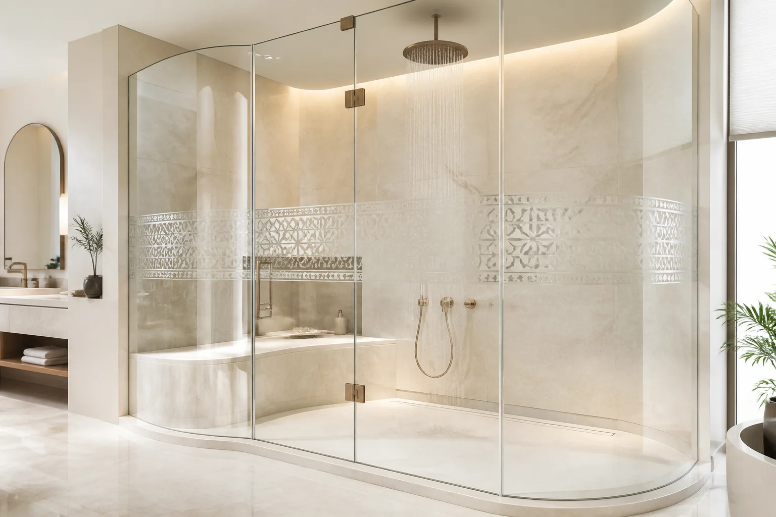 Curved walk-in glass shower enclosure with concealed thermostatic rain shower and bookmatched marble tiles