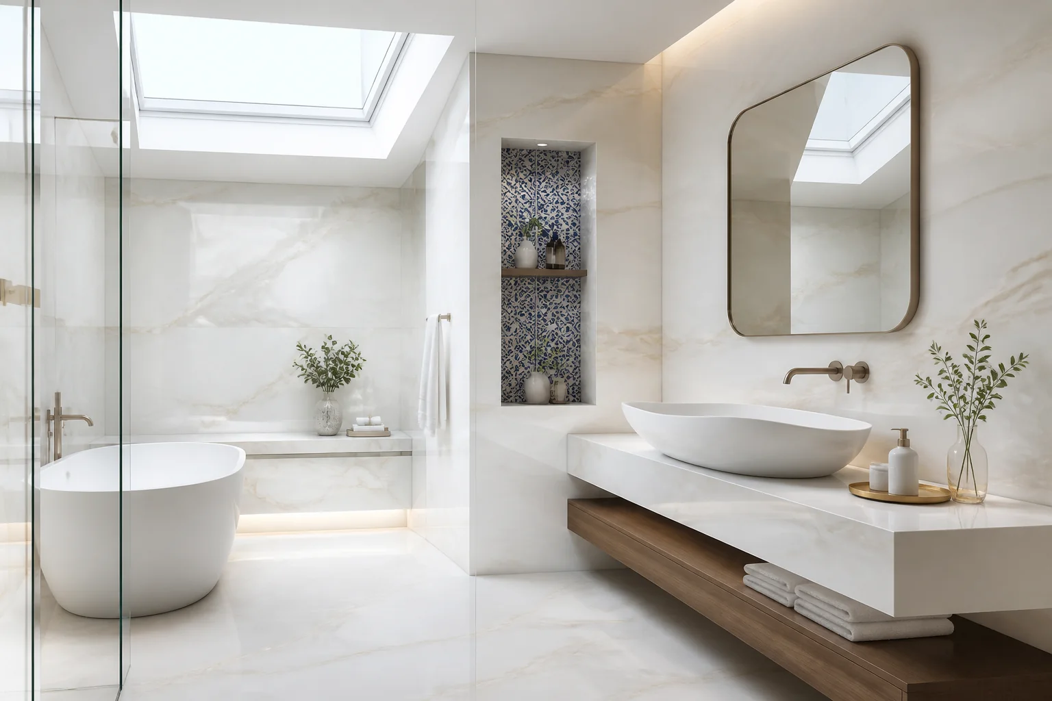 Private wellness spa bathroom with backlit translucent white onyx feature wall and sunken heated bath