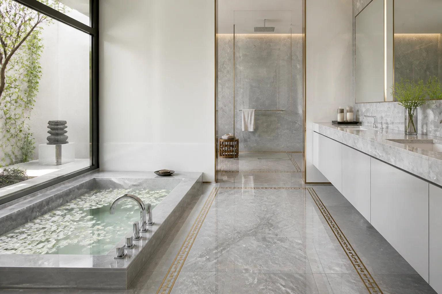 Monochromatic grey and white marble bathroom with minimalist matte black fixtures and frameless glass partition