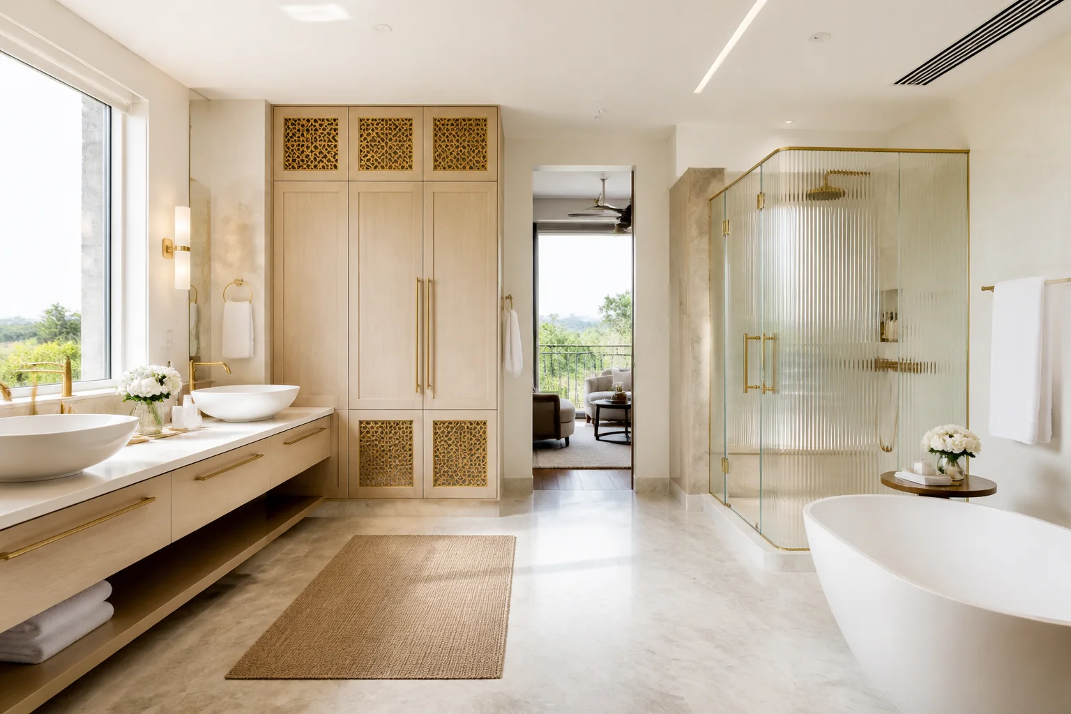 His-and-hers luxury bathroom layout with twin illuminated mirrors, fluted cabinetry, and private wet room