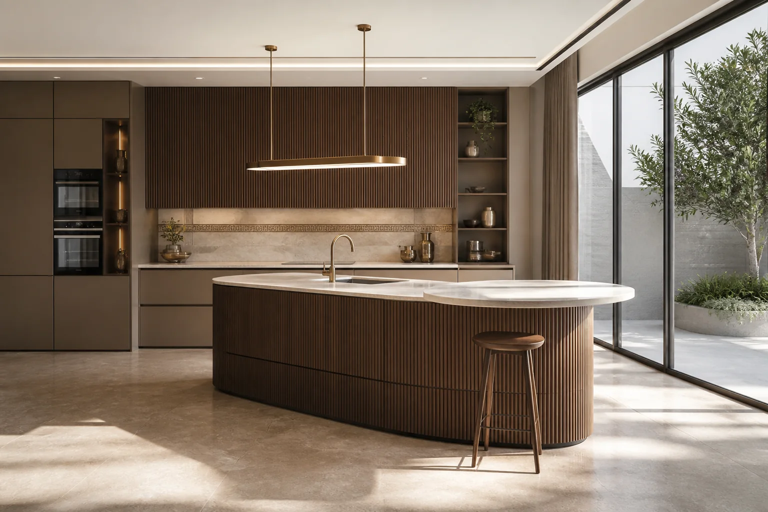 Curved Italian kitchen island in warm taupe and fluted walnut with integrated breakfast counter seating and designer pendant fixture
