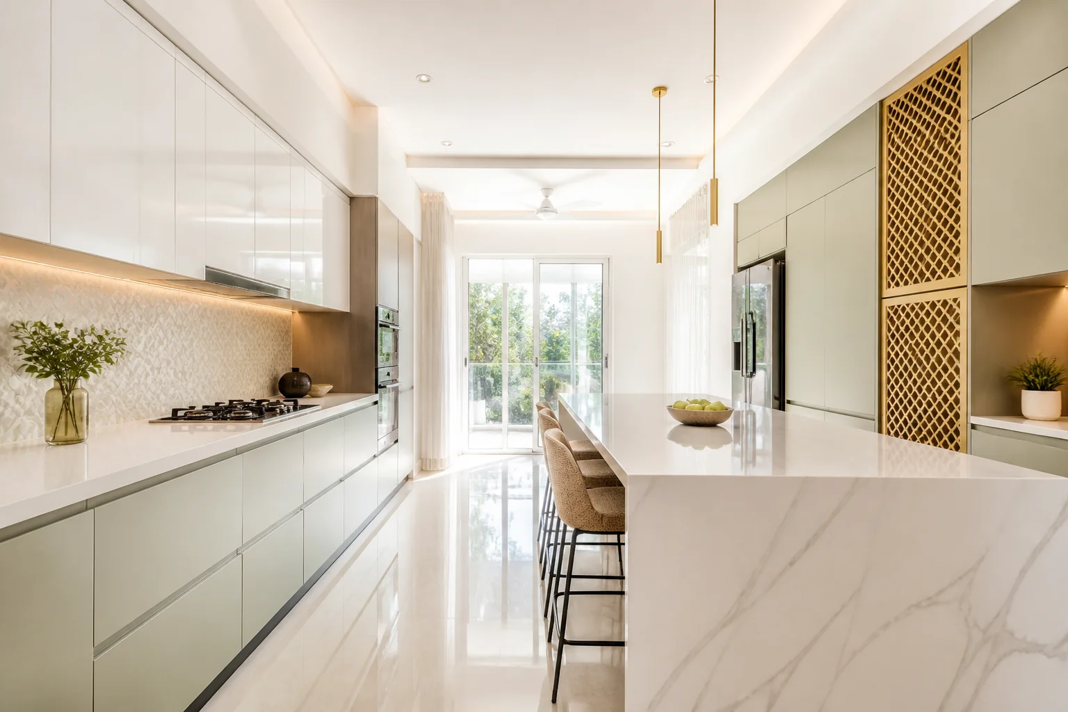 Contemporary sage green and crisp white dual-tone galley kitchen with premium quartz countertops and built-in pantry units