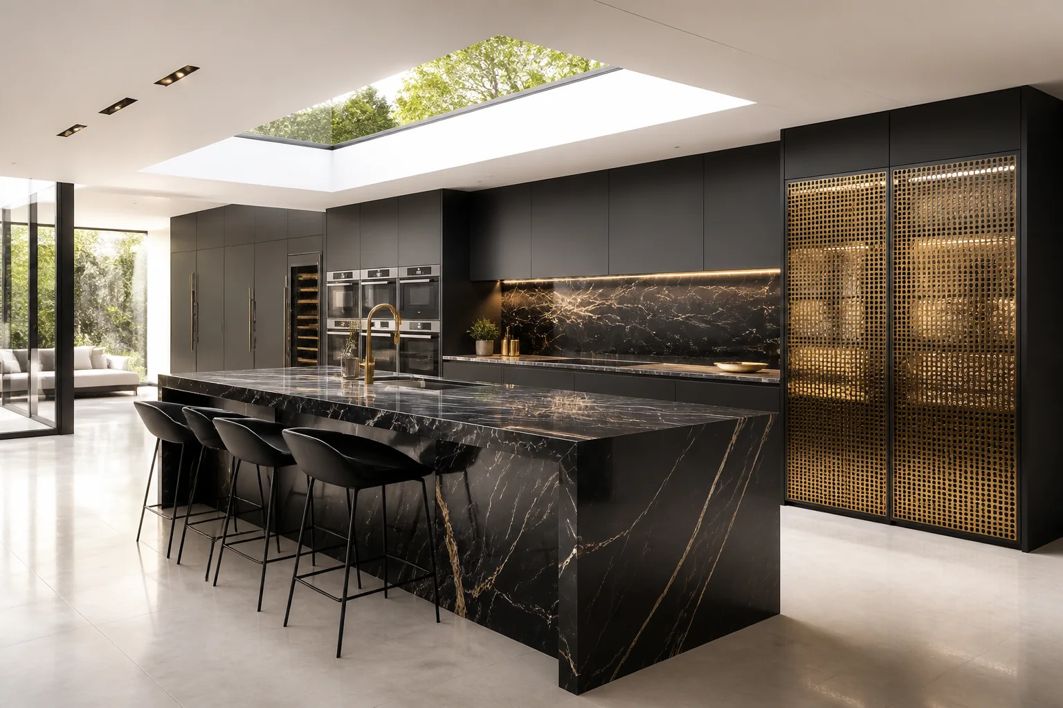 Monolithic black Marquina marble kitchen island with matte graphite cabinetry and flush induction cooktop
