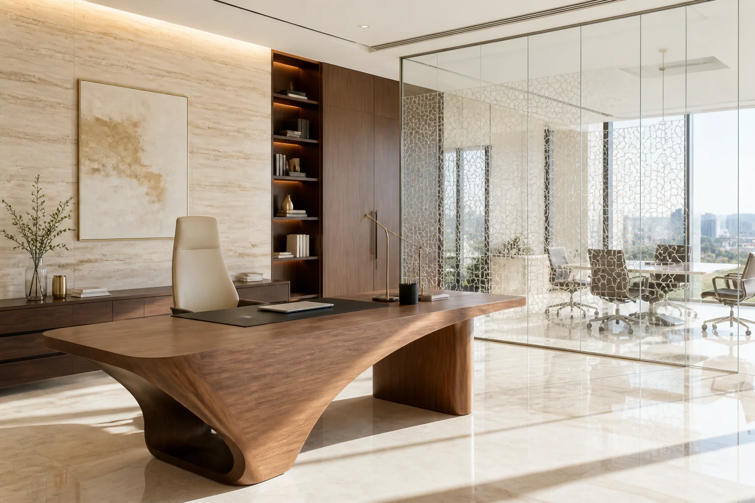 Executive director suite with monolithic marble executive desk, dark fluted wood wall panelling, ergonomic leather seating, and subtle cove lighting