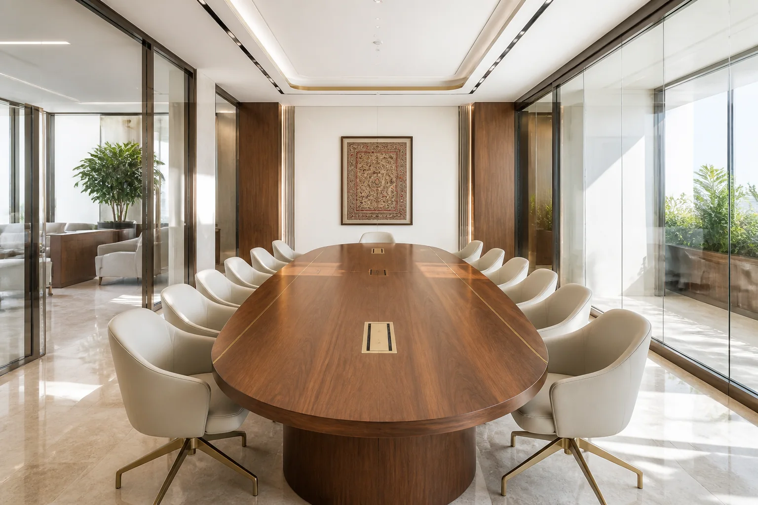 State-of-the-art conference boardroom with continuous acoustic ceiling, custom marble conference table, integrated presentation screens, and leather chairs