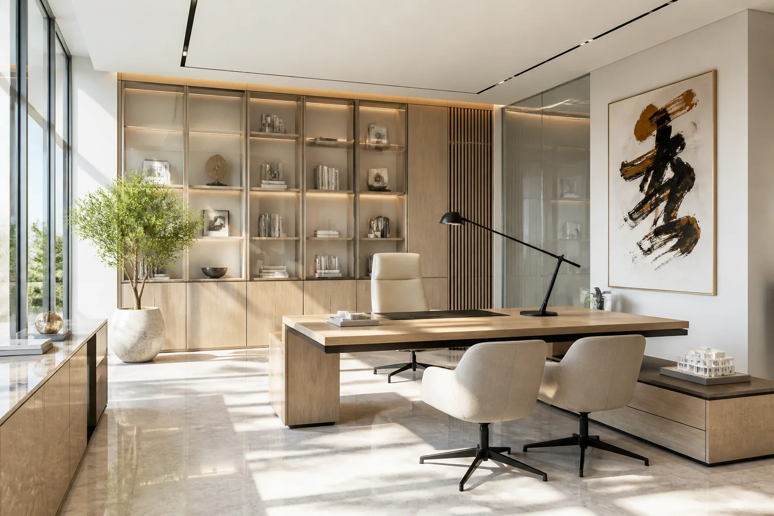 Creative open workspace with collaborative pods, acoustic slat zoning, ergonomic task seating, and warm indirect linear illumination