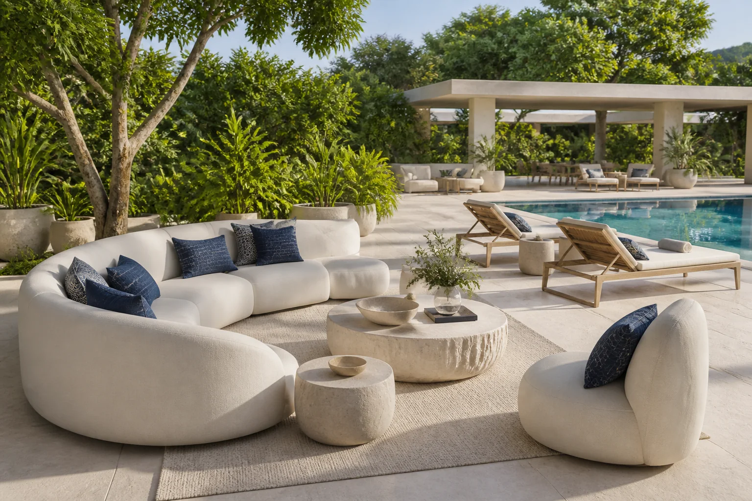 Luxury poolside lounge with all-weather upholstered sun daybeds, teak accents, and minimalist side tables