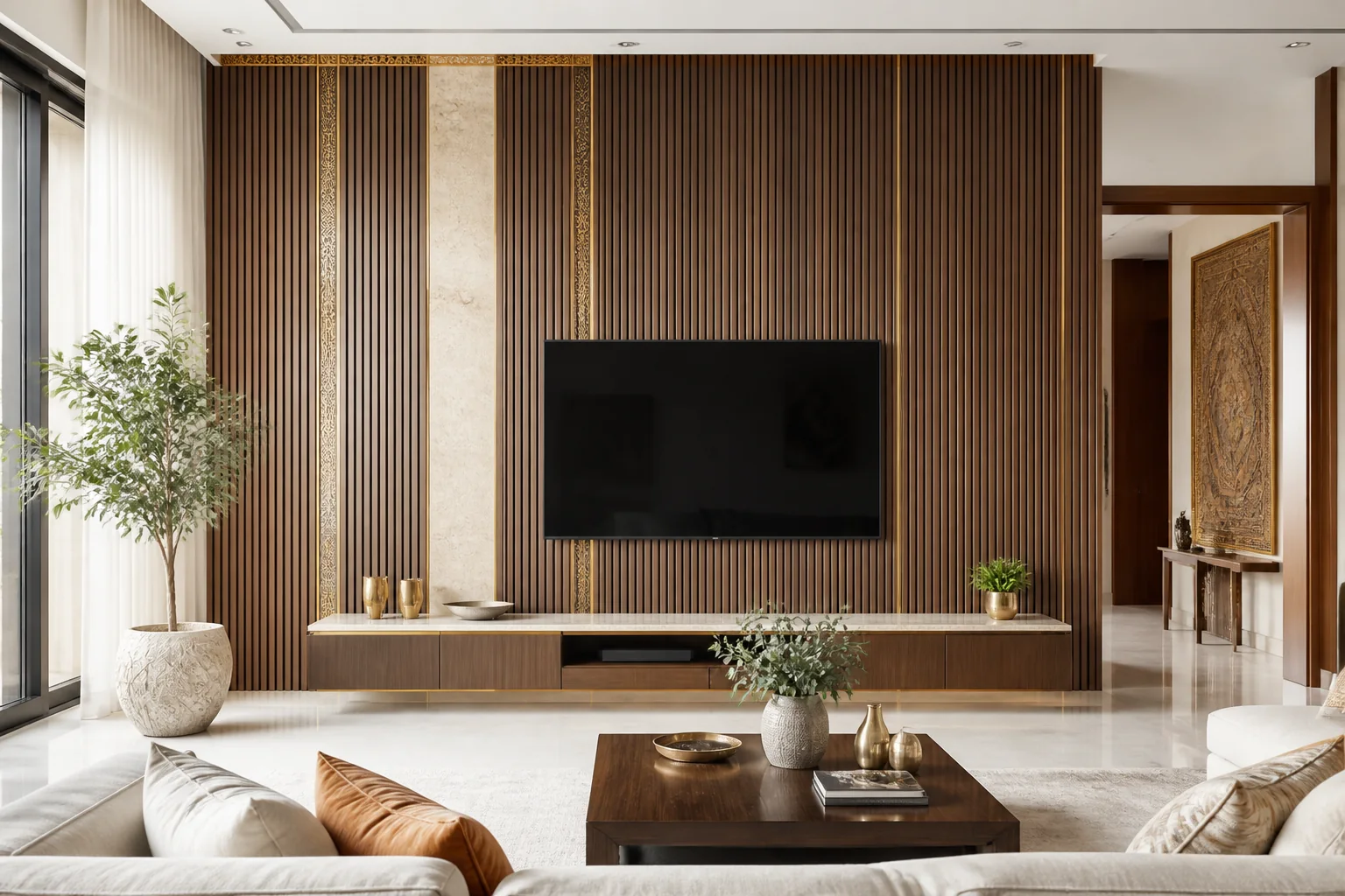 Contemporary living room TV feature wall clad in fluted PVC louvers and seamless marble-finish composite wall panels
