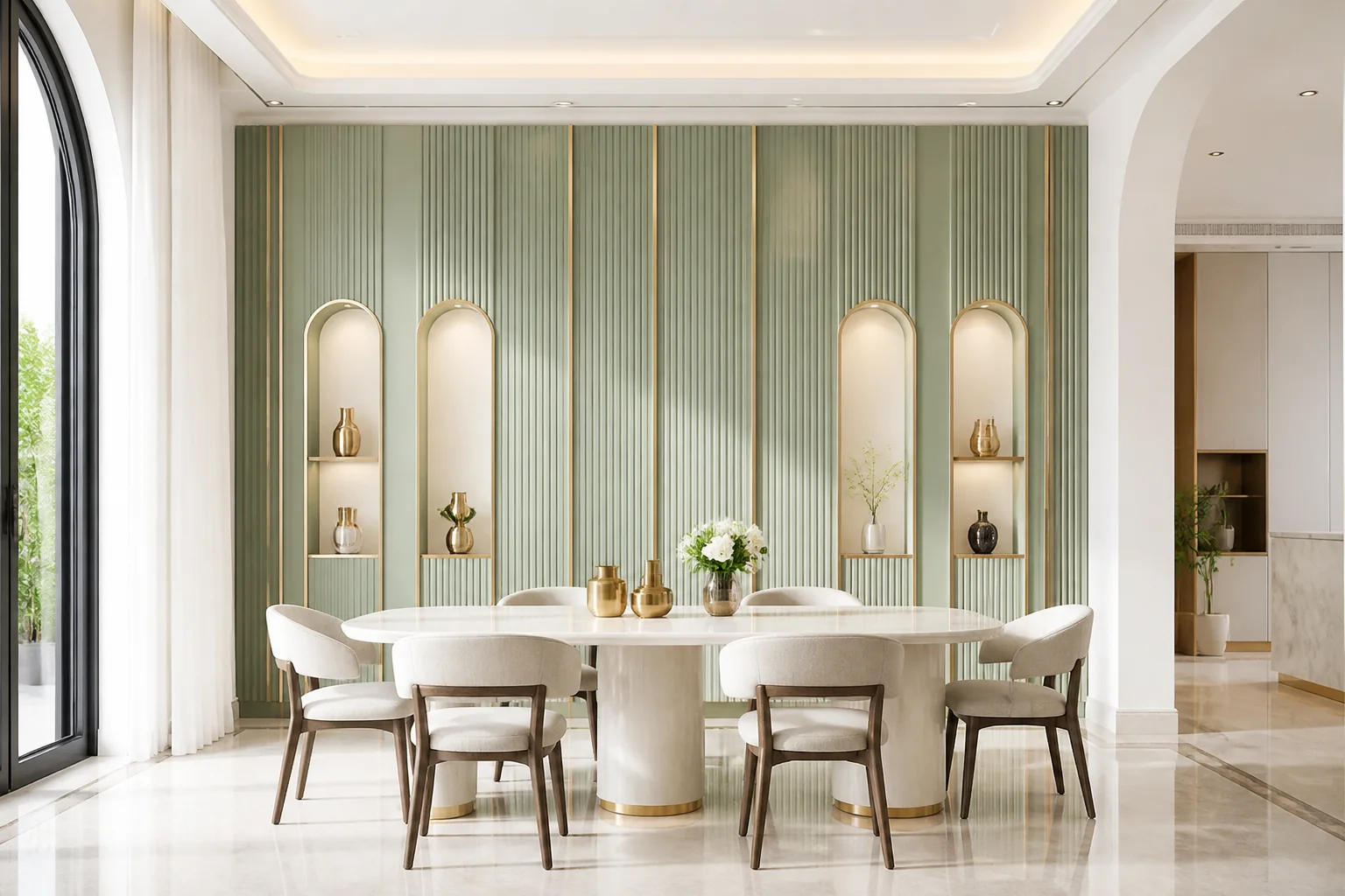 Dining area accent wall featuring sage green fluted PVC wainscoting and brushed champagne transition trims